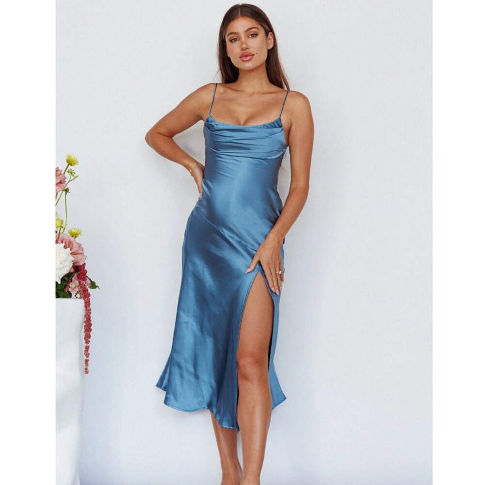 Saints + Secrets Well Versed Pleated Bust Front Split Dress Blue Size Med